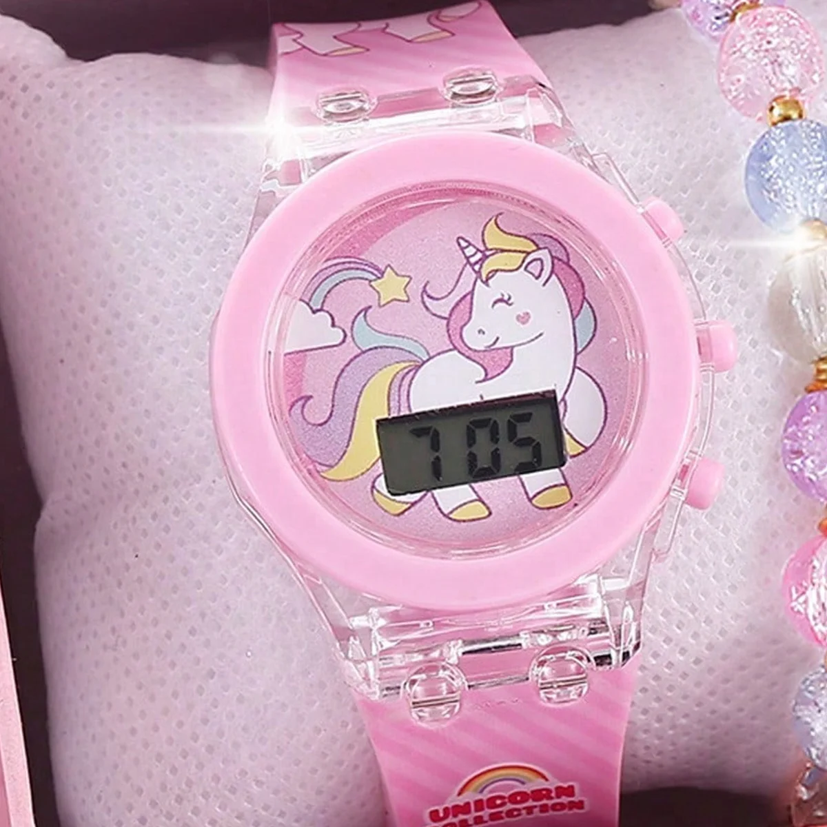 1 Uds Jelly Candy dibujos animados unicornio puntero Digital cuarzo luz chica reloj 1 Uds blanco conejo hierba conjunto de joyería