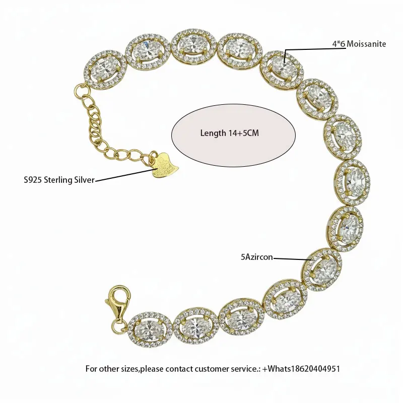 

Новое поступление, браслет из стерлингового серебра 925 пробы с позолотой 4*6 мм, муассанит 5А, овальный браслет с ореолом, регулируемая длина 14 + 5 см, гипоаллергенный