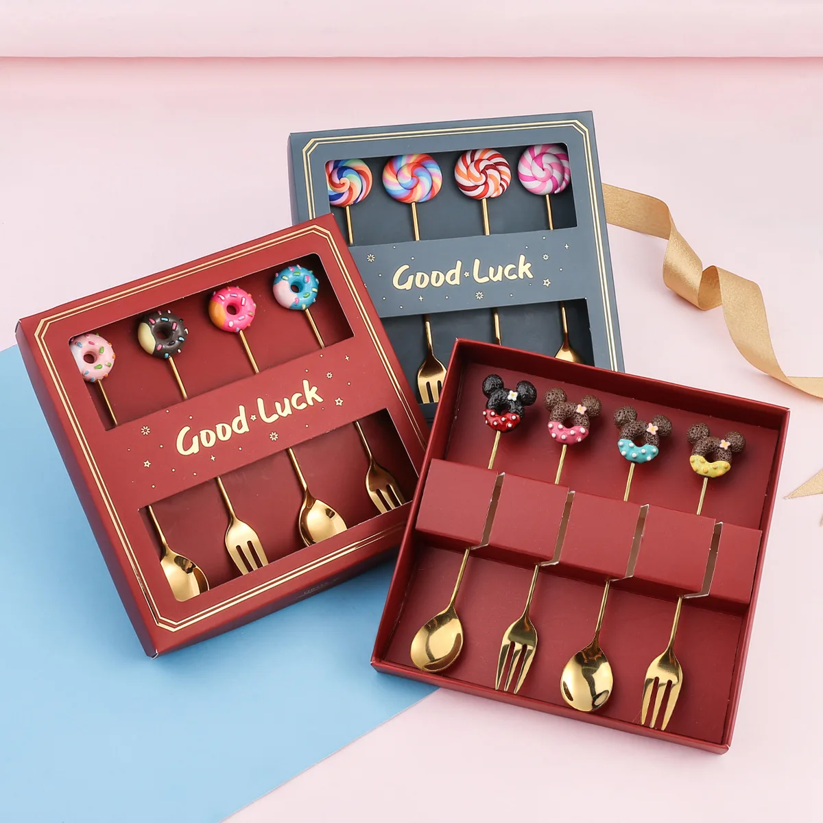 

Stainless Steel Cartoon Spoon & Fork Set - Cute Donut/Coffee Stirrers with Gift Box, Playful Fruit-Themed Dessert Utensils