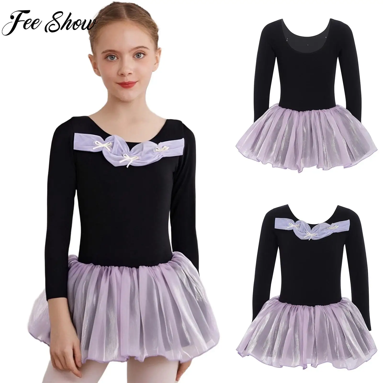 

Teen Gymnastics Ballet Dance Costume Girls Performance Competition Dancewear Long Sleeve Cute Bowknots Tulle Tutu Dance Dress