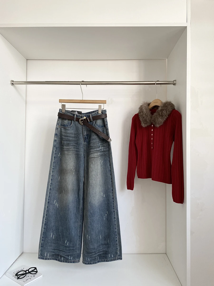 

Spring 2026 High Waist Women's Retro American Style Jeans Loose Wide Leg Pants Casual Commute Fashion Polyester Fiber