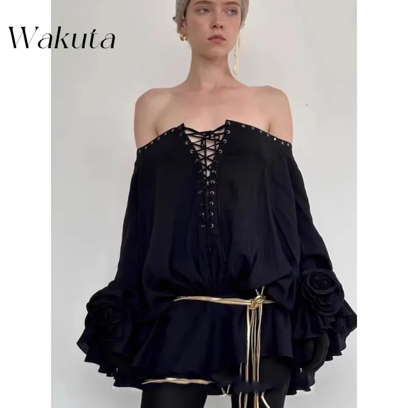 WAKUTA Niche Summer One Shoulder Lantern Sleeve Tanks with Feminine Style Flower Willow Nail Tie Loose Knit Shirt Seda Natural