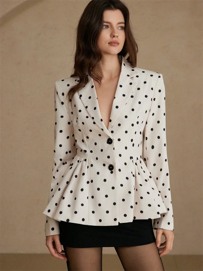 Elegant 1 Pcs White Black Dot Women Suit Blazer Full Sleeves Jacket Coat Formal Office Lady Wedding Birthday Evening Outfit