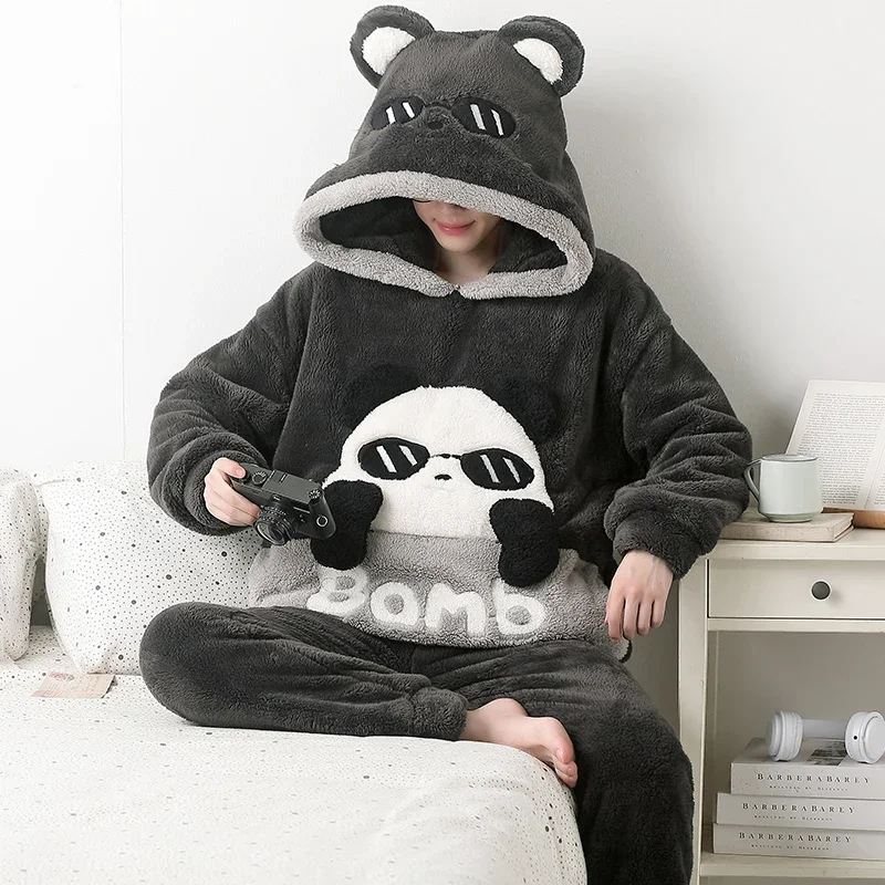 Couples Pajamas Sets Winter Thicken Sleepwear Adult Cartoon Panda Kawaii Women Men Soft Warm Pyjamas Korean Hooded Nightgown