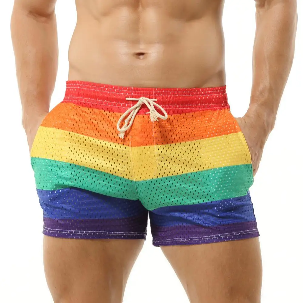 Men\'s Shorts Rainbow Stripe Fashion Casual Shorts Mesh Breathable Drawstring Sports Shorts Gym Men Boxer Shorts Bottoms Pocket