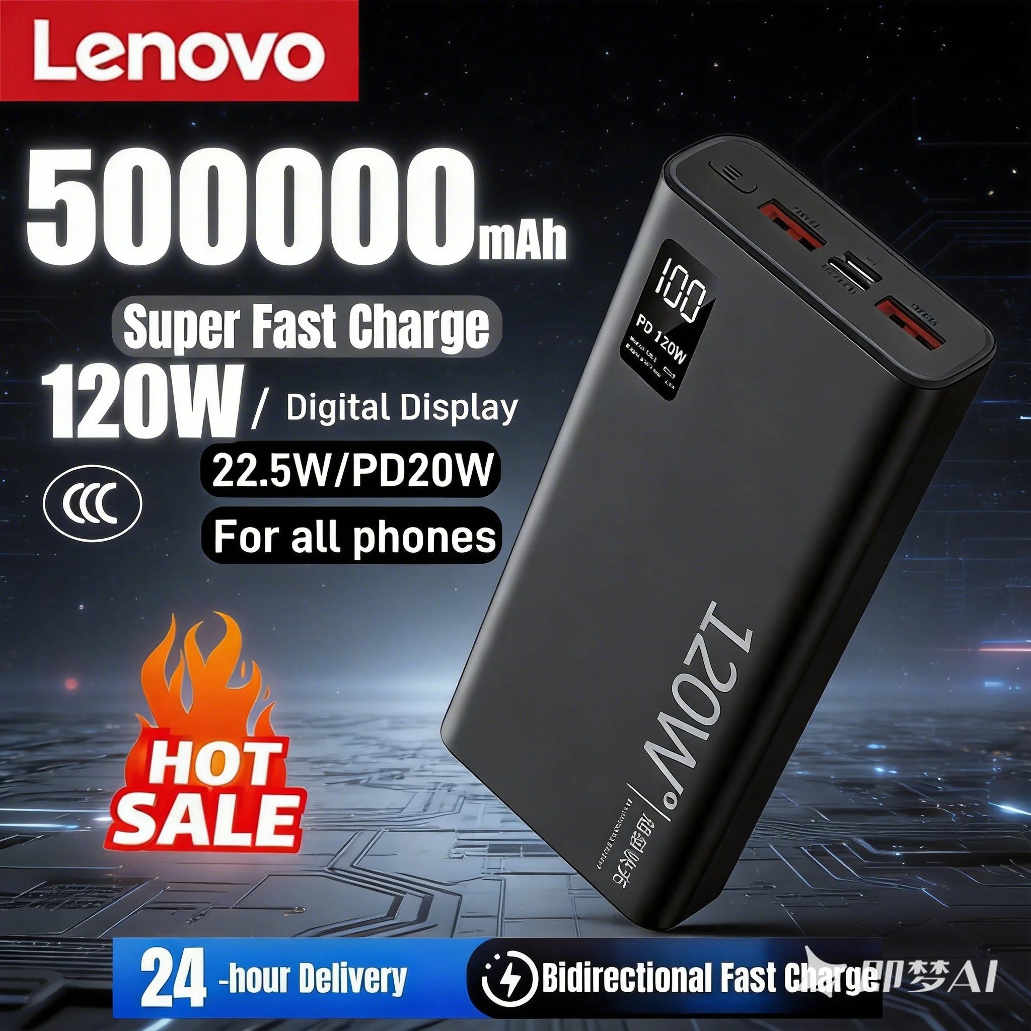 

Портативный внешний аккумулятор Lenovo Powerbank с сертификацией CCC, быстрой зарядкой 120 Вт, высокой емкостью 200000 мАч для iPhone