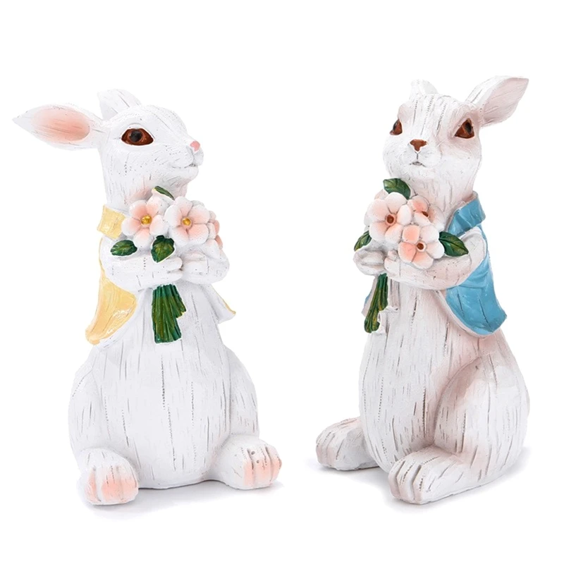 

2 Pcs Easter Bunny Decorations Resin Bunny Figurines, Spring Bunny Decor Handmade Couple Rabbit Statues For Home Decor Durable