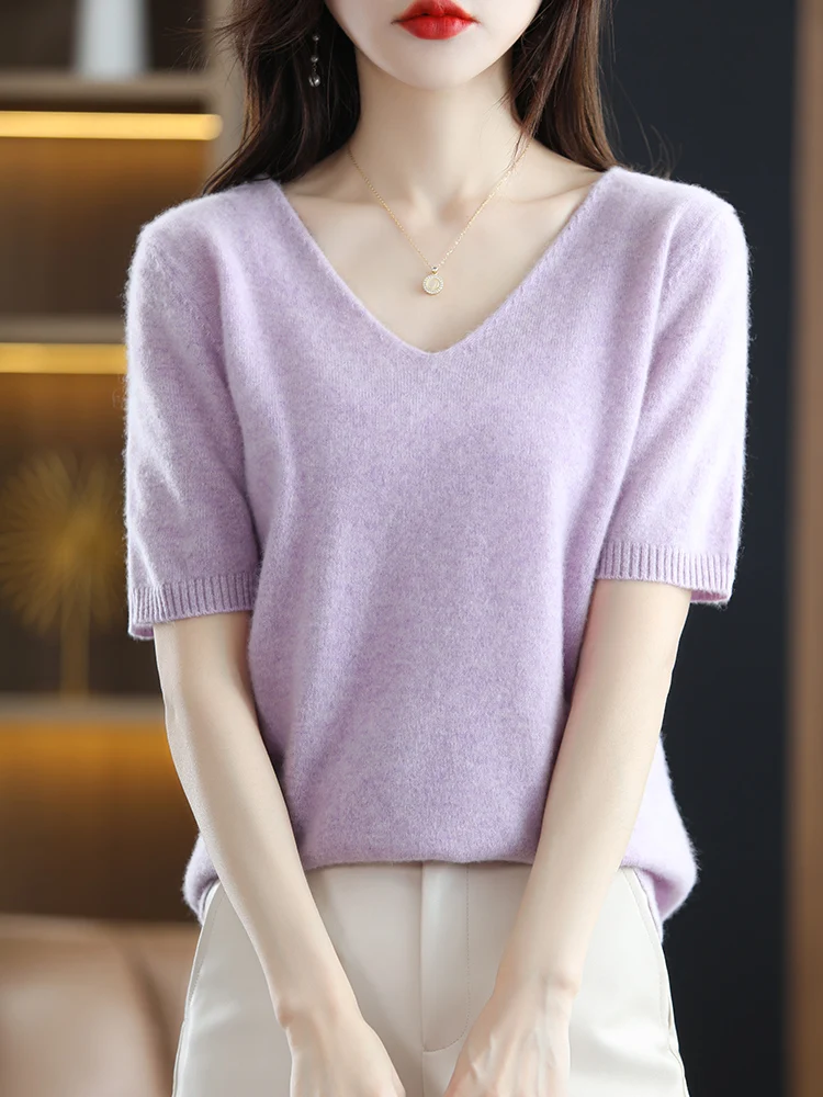 

Spring Summer Women V-Neck Sweater 100% Merino Wool Pullover Female Cashmere Knitted T-Shirt Korean Fashion Short Sleeve