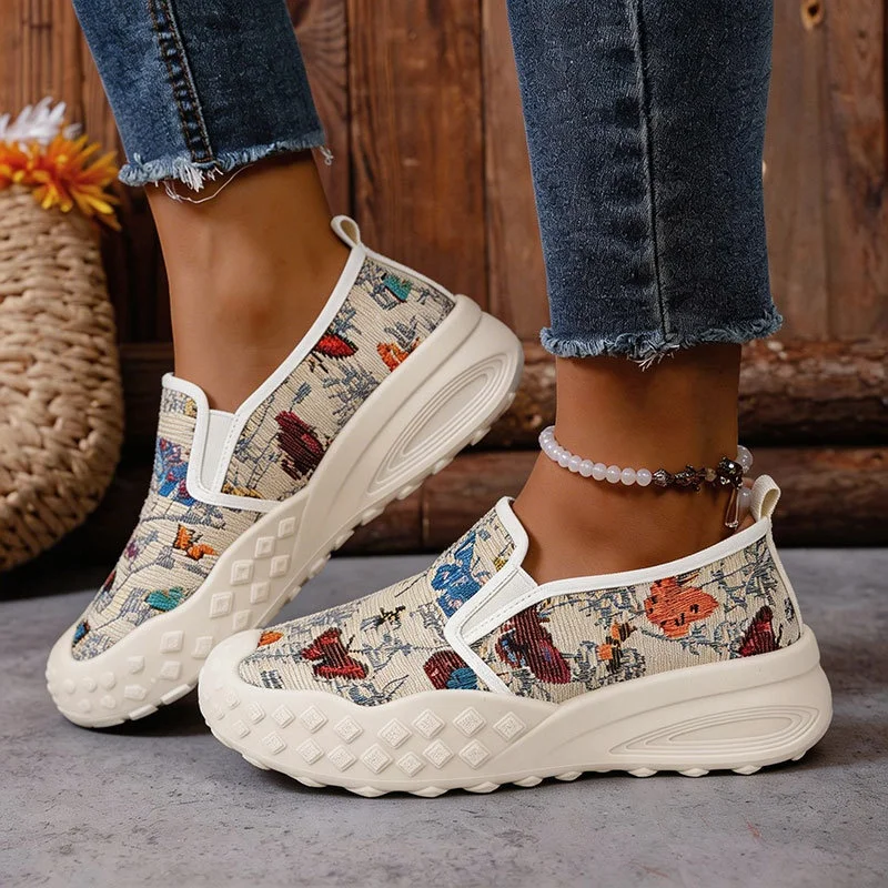 Women's Shoes Comfortable Breathable Casual Sports Outdoor Thick Sole Platform Sneakers Vintage Printed Slip On Walking Shoes ﻿