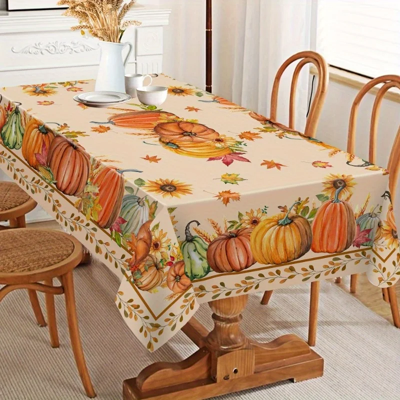 Fall Harvest Pumpkin Maple Leaves Rectangle Tablecloth for Table Decor Reusable Kitchen Dining Tablecloth Autumn Decorations