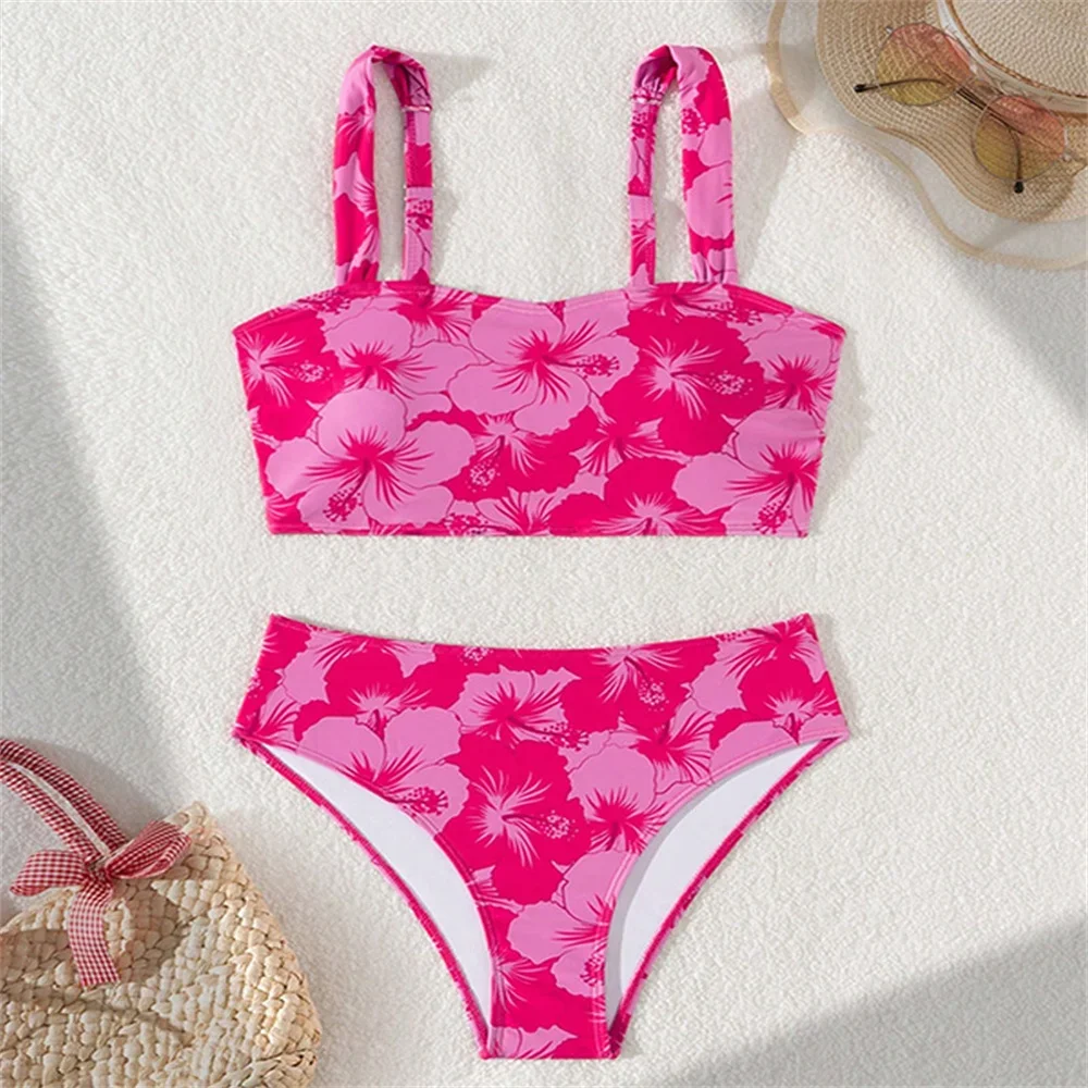 

Rose Red Floral Bikinis Sets Y2K Print Tankini Sling Swimsuit Push Up Vacation Swimwear Women Beach Outfit Bathing Swimming Suit