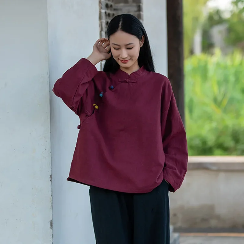 New Chinese Style Women\'s Tang Suit Traditional Clothes Ethnic Long Sleeve Vintage Top Hanfu Ladies Linen Clothing for Women 2XL