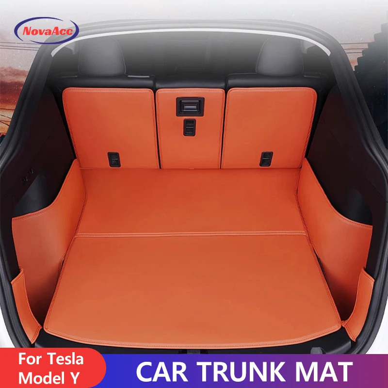 Leather Trunk Mats for Tesla Model Y 2017-2024 All-Wrapped Leather All-Weather Cargo Liner Cargo Luggage Mats Business Wholesale 