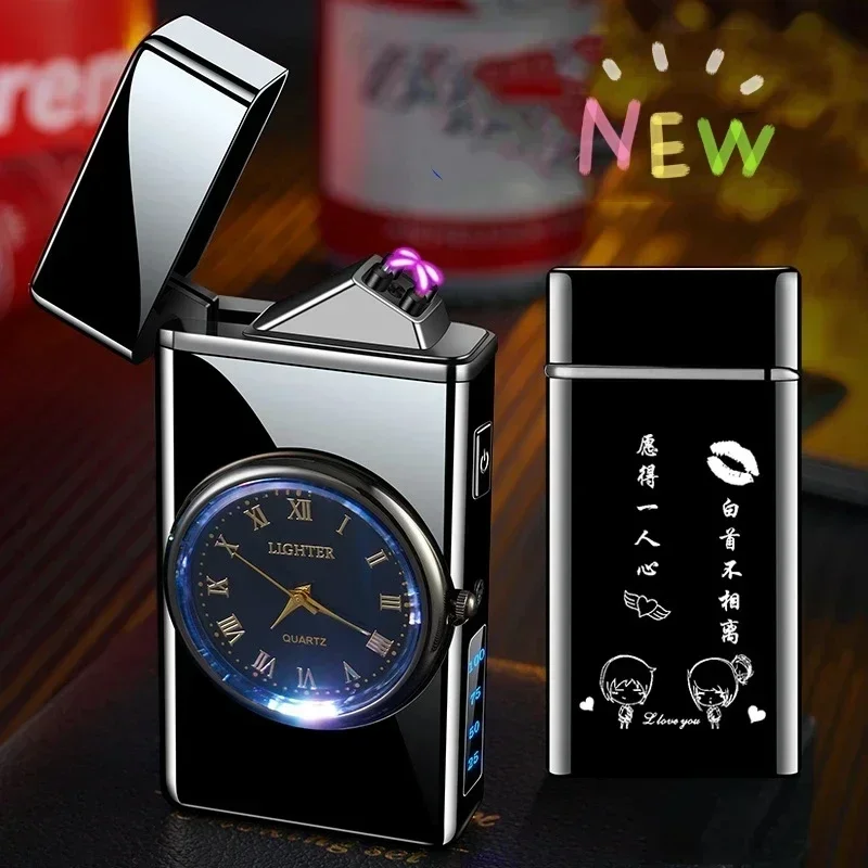 Metal Clock Dual Arc Lighter LED Display USB Rechargeable Portable Flameless Lighter Outdoor Camping Flashlight Men\'s Gifts 2024