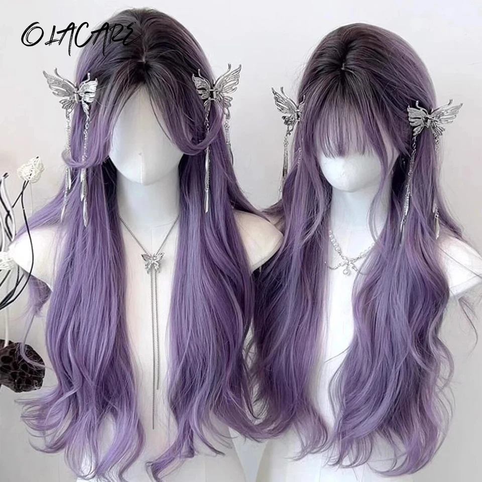 

OLACARE Long Wavy Wave Brown Purple Cosplay Wigs Heat Resistant Synthetic Wigs Middle Part Natural Lolita Wigs For Women