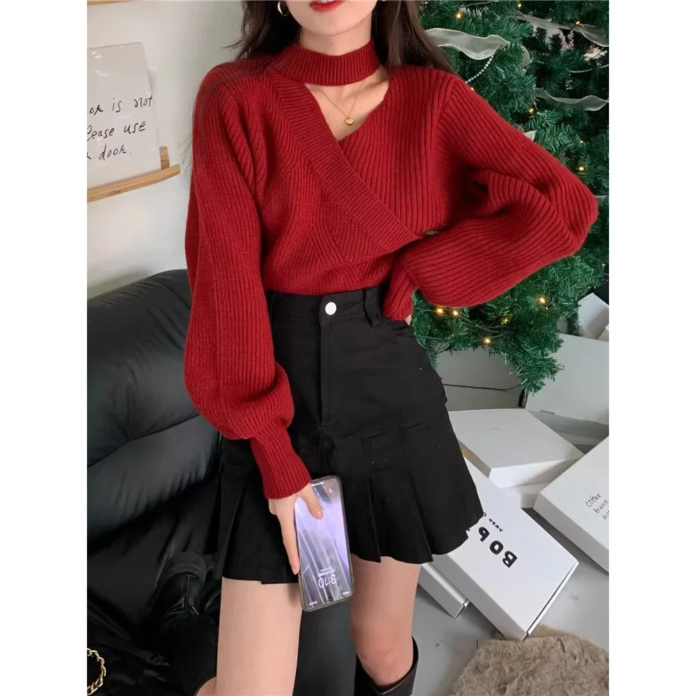 

Red Irregular Asymmetrical Collar Lantern Sleeve Knitted Sweater Loose Short Korean Style Lazy Winter Fashion Hot Sale Women Top