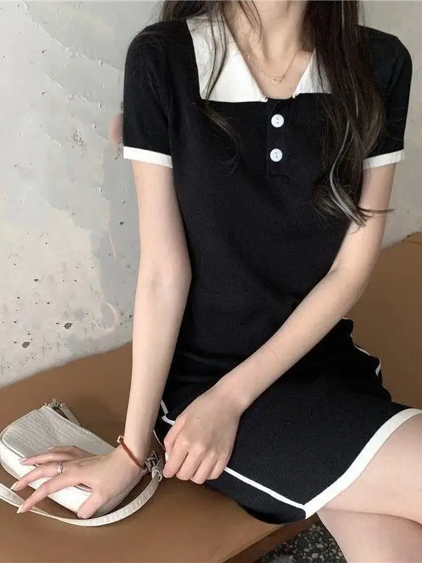 Large size summer women's Korean version POLO collar slim fit waist and belly covering short sleeved T-shirt dress 4AWE