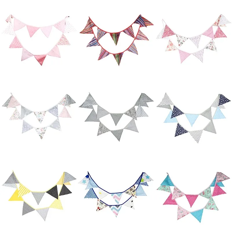 12 Flags 3.2m Double-side 10pcs Printed Bunting Pennant Cotton Fabric Flag Banner Golden Garland New Year Party Supplies