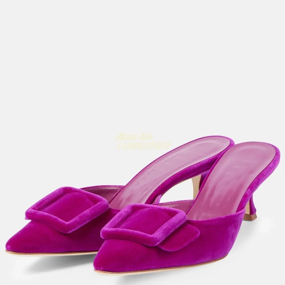 Velvet Mules Stiletto Thin High Heel Buckle Decor Stiletto Thin High Heel Runway 2024 Autumn Spring Women Dress Slides