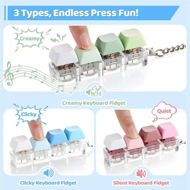 Silent Fidget - Paquete de 3 clics de teclado Modelos cremosos, silenciosos y clics - Llavero para aliviar el estrés