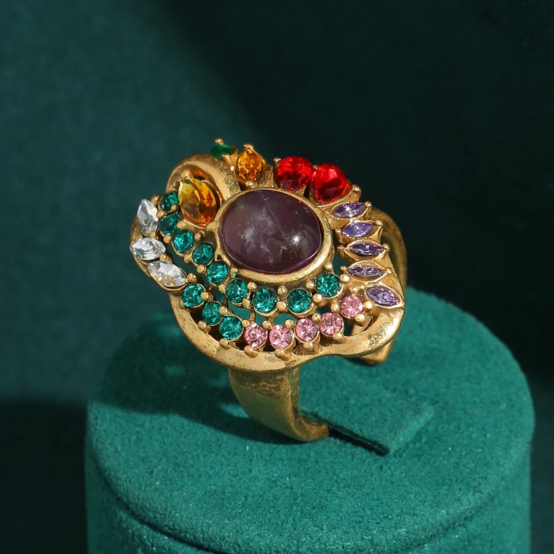 

Vintage Rhinestone Colorful Flower Rings Antique Retro Purple Glass Women Brand Jewelry 2026 Trend Anniversary Quality Souvenir