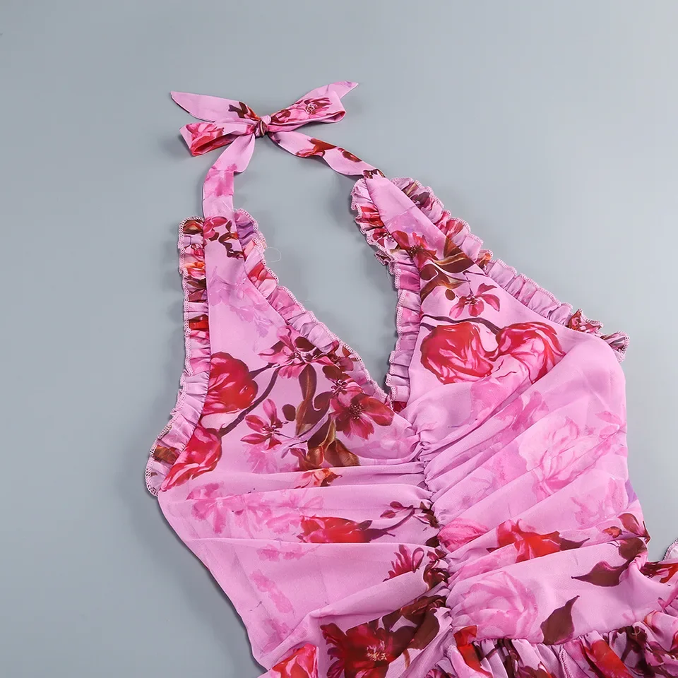 Summer Sexy Halter Neck Ruffles Floral Printed Long Dress Women Sleeveless Backless Side Split Slim Dresses Evening Beach Party