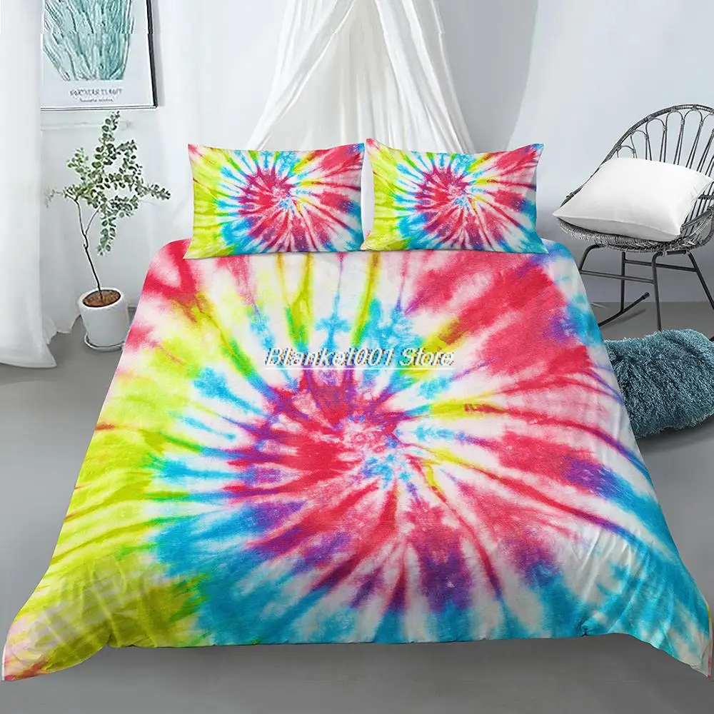 Rainbow Tie Dye Bedding Tie Dyed Duvet Cover Set Orange Blue Psychedelic Swirl Pattern Printed Boho Hippie Bedding Sets