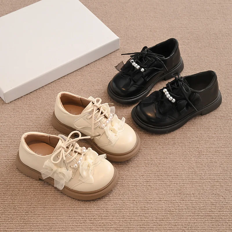 

Kids Casual Shoes Pu Leather Girls Fashion Shoes Hook&loop 2025 Brand New Children Princess Shoes with Mesh Bows Sweet Trendy