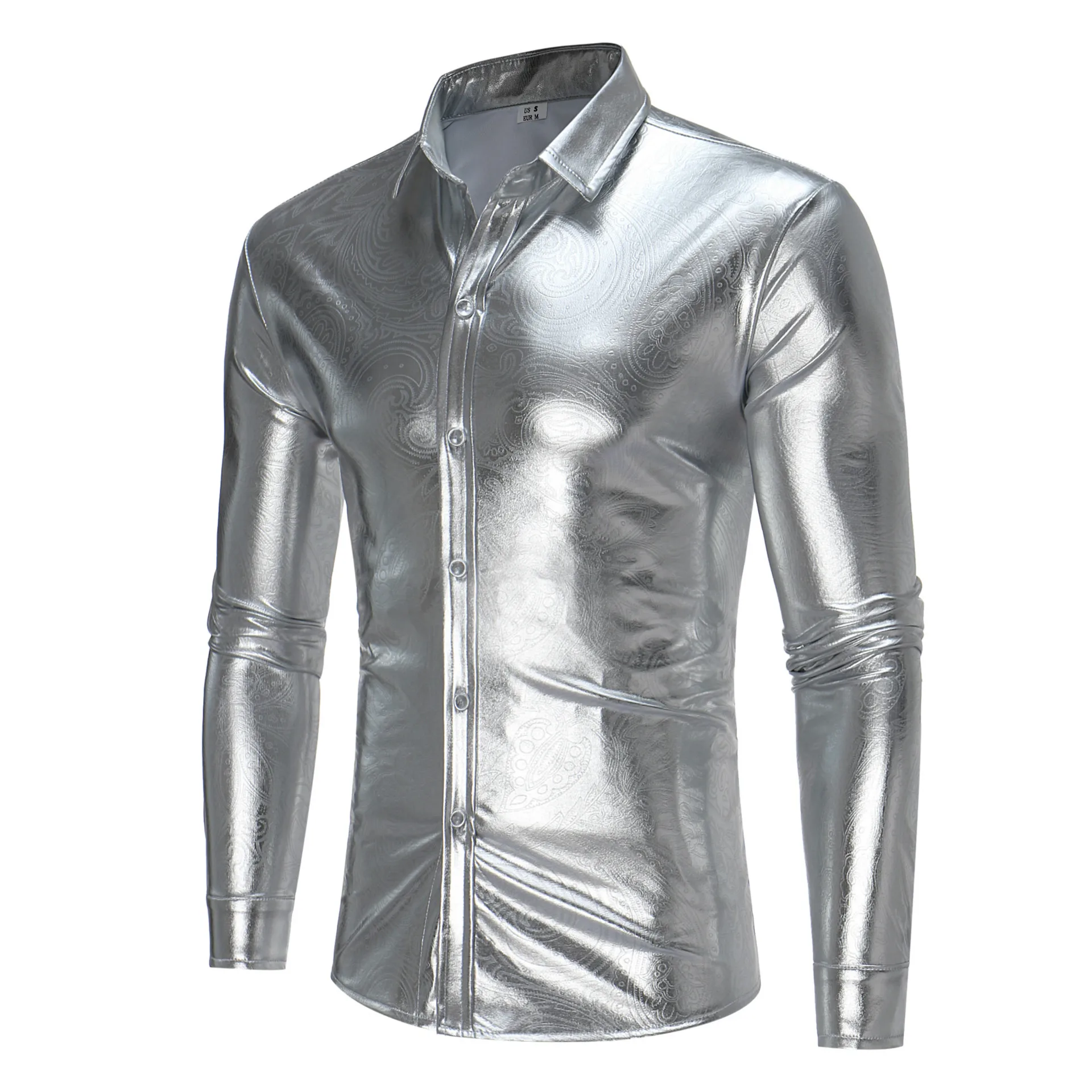 

Silver Dress Shirts Men Long Sleeve Luxury Nightclub Disco Punk Singer Stage Costume Autumn Fashion Shiny Leather Tuxedo Shirts