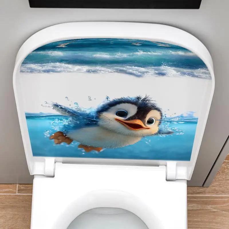 Cute Swimming Penguin Ocean Wave Toilet Lid & Tank Self Adhesive Sticker Waterproof Bathroom Decor Decal