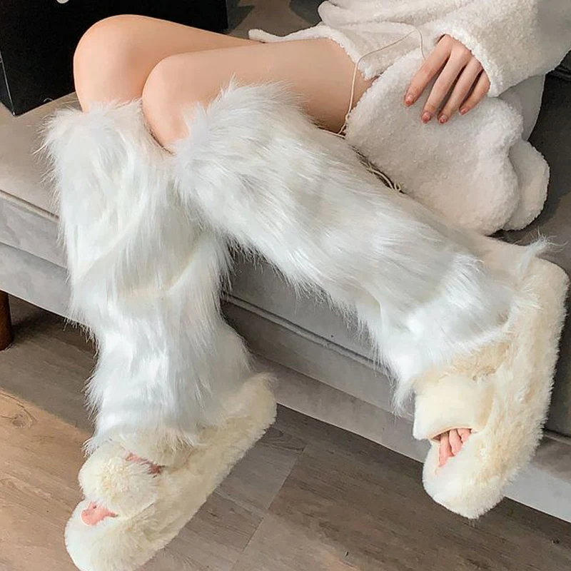 

Fashion White Faux Fur Leg Warmers Boot Covers Y2K Goth Solid Leg Socks Punk Jk Knee-length Hiphop Hotgirl Fashion Warm Sock