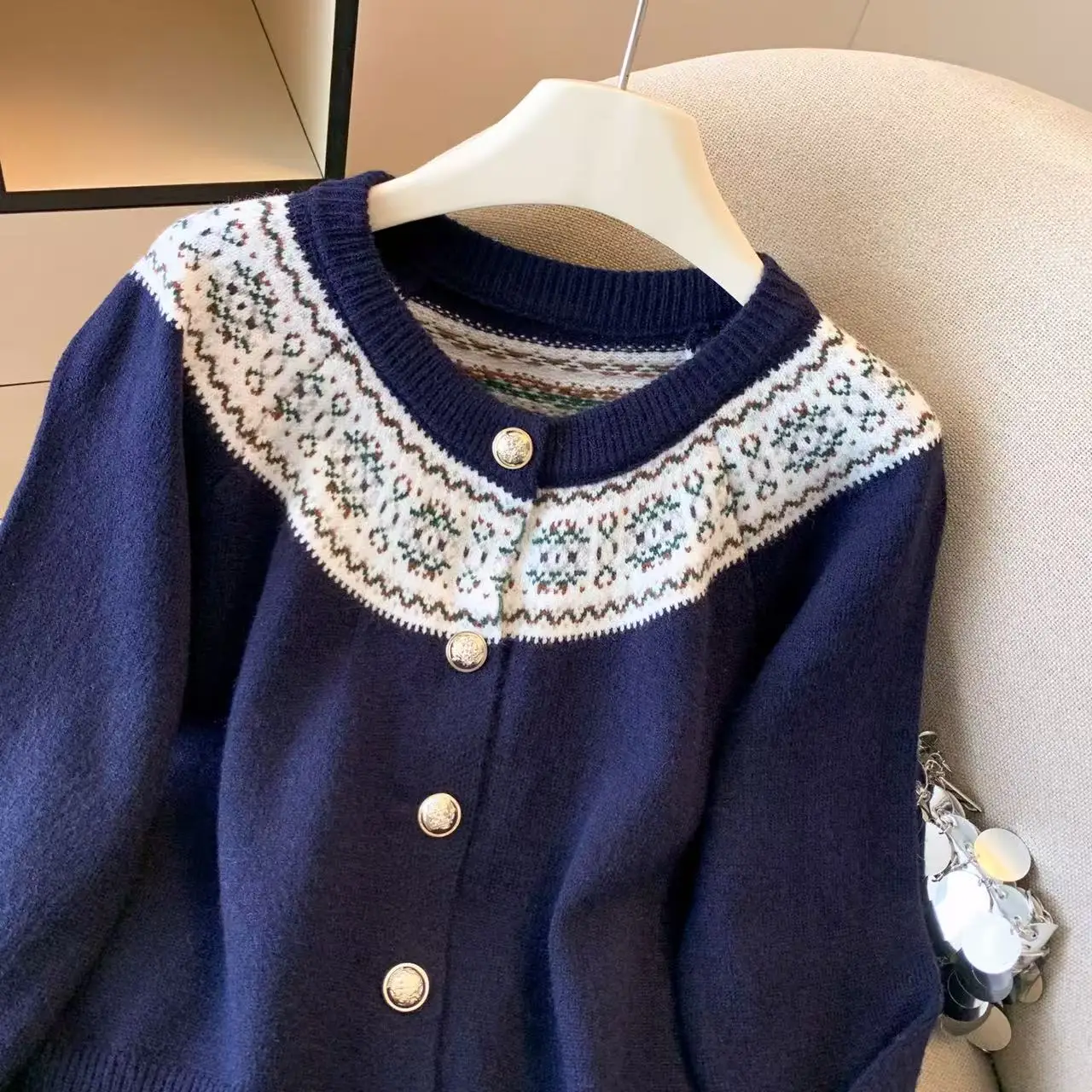 سترة نسائية باللون الأزرق الداكن برقبة دائرية سترة هاراجوكو عتيقة 2000s بأكمام طويلة ناعمة ومريحة من الكشمير سترة Cutecore للخريف #4