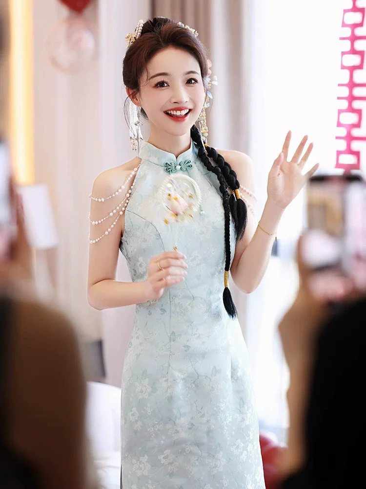 الأزرق المطبوعة شيونغسام التقليدية اليوسفي طوق خمر تشيباو مثير رائعة حفل زفاف ثوب النمط الصيني اللباس #3