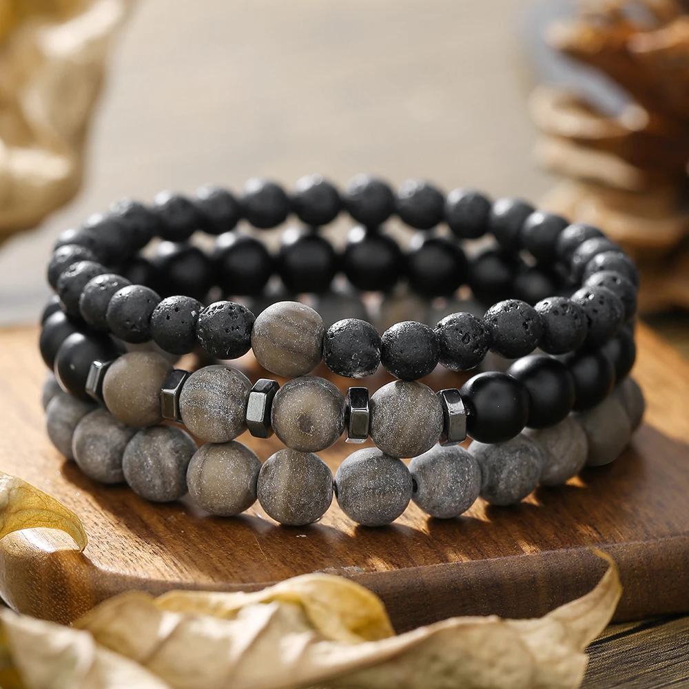 

Punk Volcanic Stone Bracelet for Men Vintage Patchwork Beaded Overlay Wearing Bracelet Elastic Couple Bracelet Set for Women