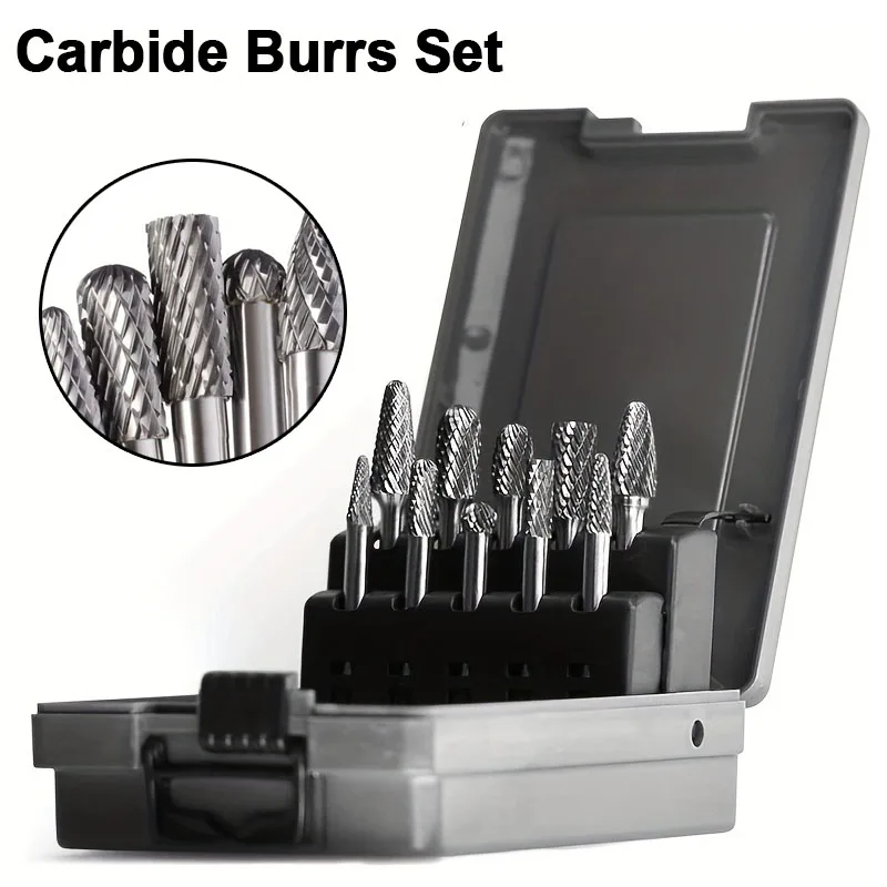 10PCS Double Cut Carbide Rotary Burr Set with 1/4 Shank for Carving, Cutting, Cleaning, Grinding, Engraving, Porting