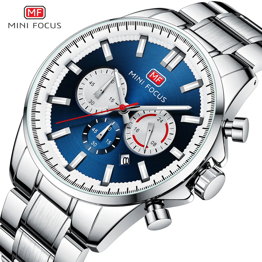 MINI FOCUS Chronograph Quartz Watch Men Silver Blue Waterproof Luminous Dress Wristwatch with Date Stainless Steel Strap 0469