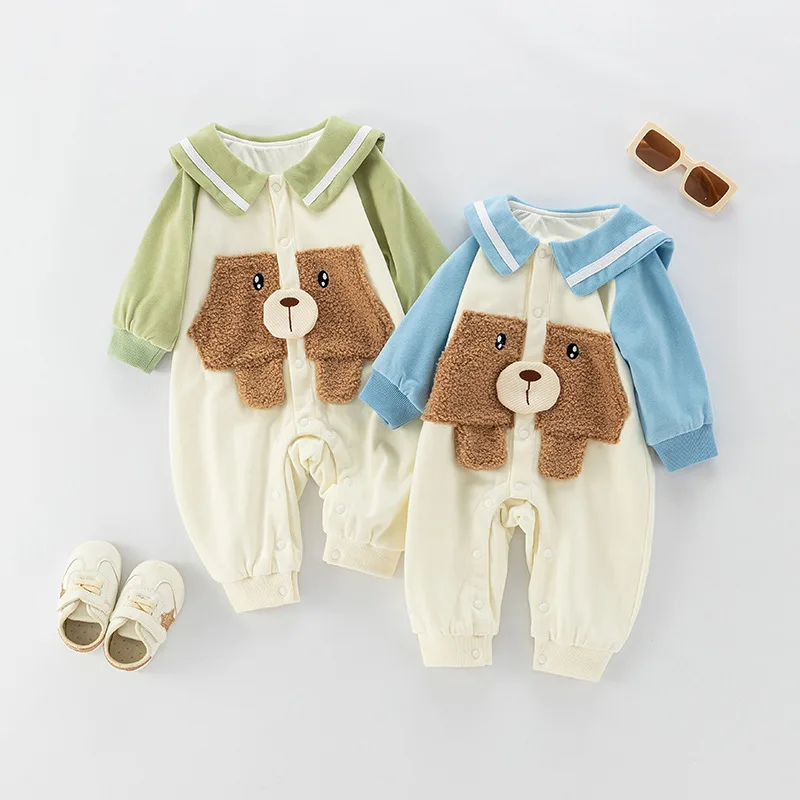 100% Cotton Autumn Baby Boys Romper Outdoors Raglan Long Sleeve 3D Cartoon Dog Newborn Boys Bodysuit Lapel Infant Boys Jumpsuit