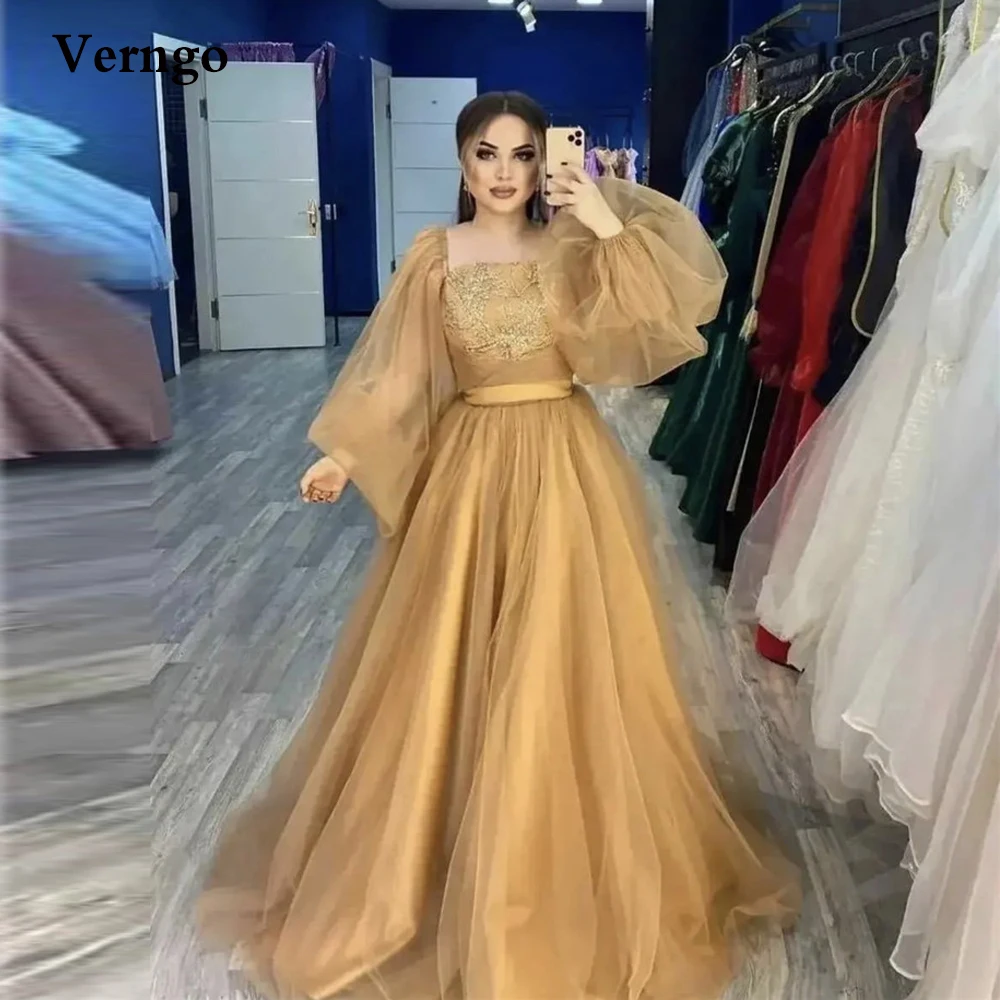 

Verngo Modest Gold Tulle Prom Dresses Puff Long Sleeves Square Neck Applique Sash Arabic Women Formal Evening Gowns Plus Size