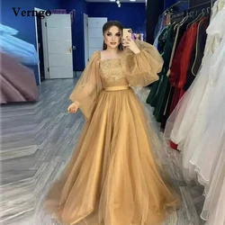 Verngo Modest Gold Tulle Prom Dresses Puff Long Sleeves Square Neck Applique Sash Arabic Women Formal Evening Gowns Plus Size