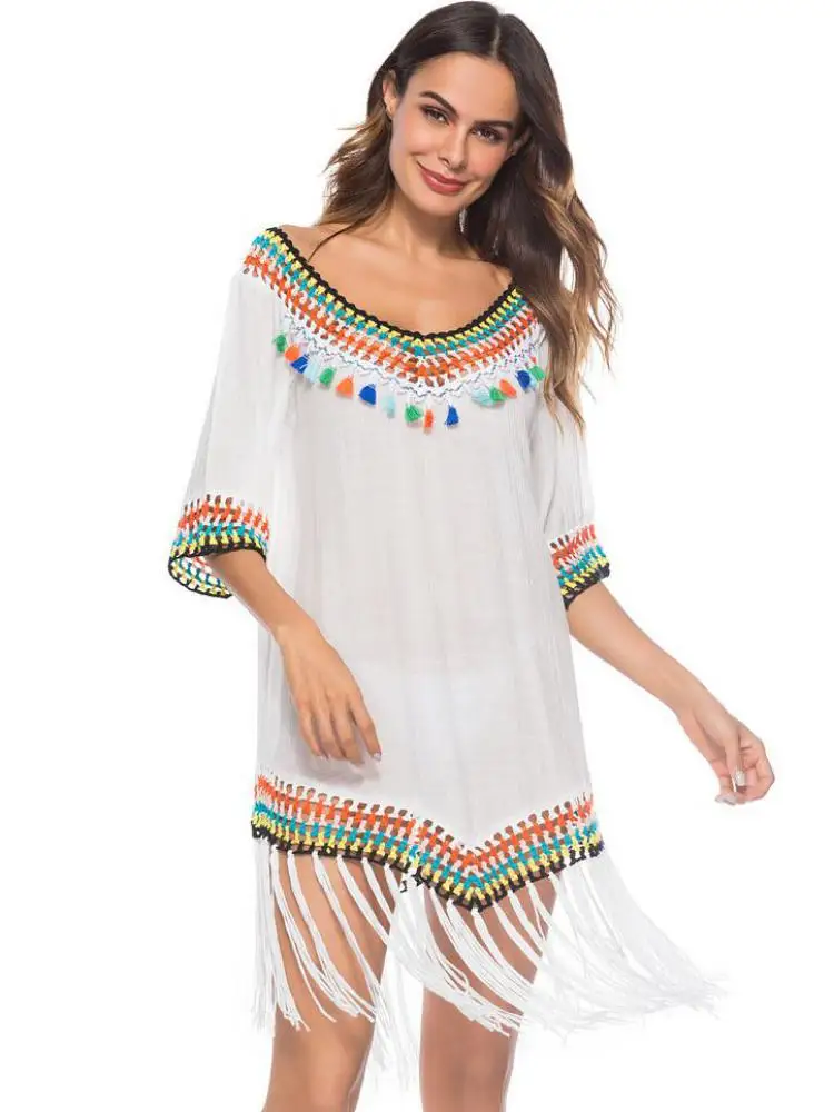 

Women 2025 Patchwork Tassel Hollow Out Short Sleeved Beach Vacation Cover Up Clothing Summer V Neck Elegant Crochet Long Tops