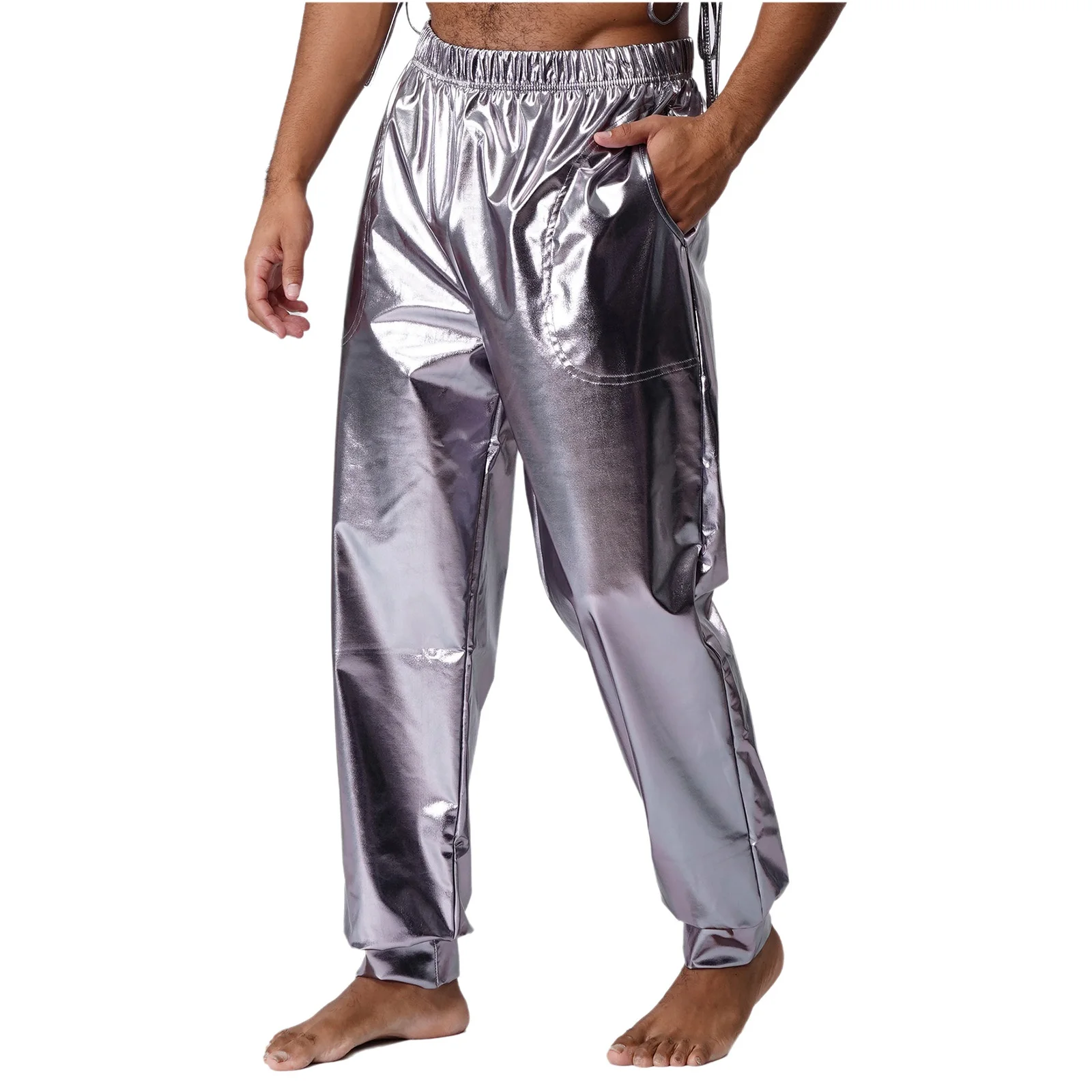 

Men Metallic High Waist Long Pants Trousers Fashion Sheen Shiny Hip Hop Hippies Disco Dance Performance Pants Casual Daily Wear