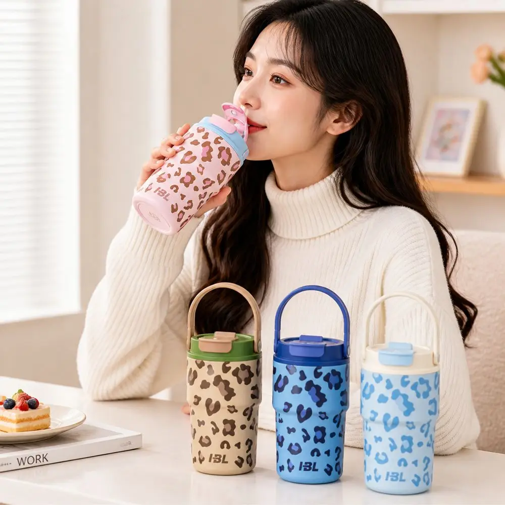 Stainless Steel Insulated Water Bottle Leopard Print Carry Handle Thermal Water Bottle 400ML Dual Drinking Lid