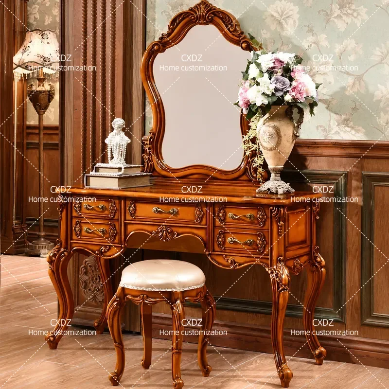 European Style Full Solid Wood Dressing Table with Mirror Modern French American Bedroom Vanity Desk Makeup Table