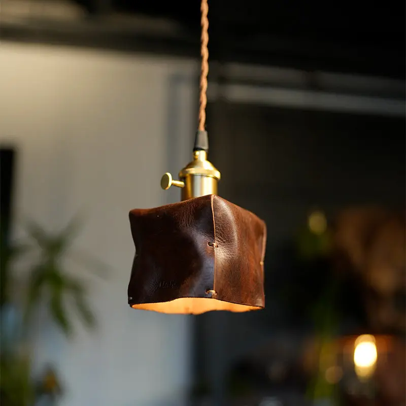 Vintage Wabi Sabi Leather Copper Pendant Lamp Hand‑Sculpted Dining Table Pendant lights decor Bedside Coffee Bar Hanging Lamps