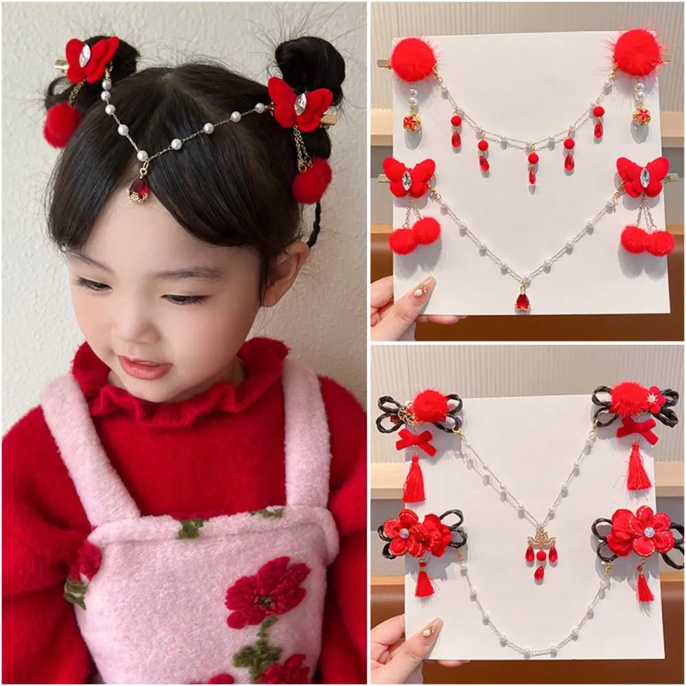 Sweet Tassel Children Red Hairpin Forehead Chain Bow Chinese New Year Headwear Bowknot Plush Hanfu Hair Sticks Girls