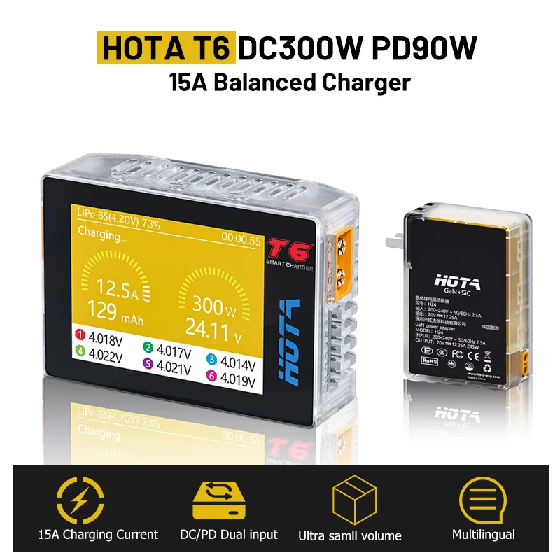 HOTA T6 300W 15A 1-6S Ładowarka Lipo Balance Ładowarka PD 90W 5A H24 Zasilacz sieciowy wejście 200V-240V P24 Ładowarka PD 248W 3C 1A do RC