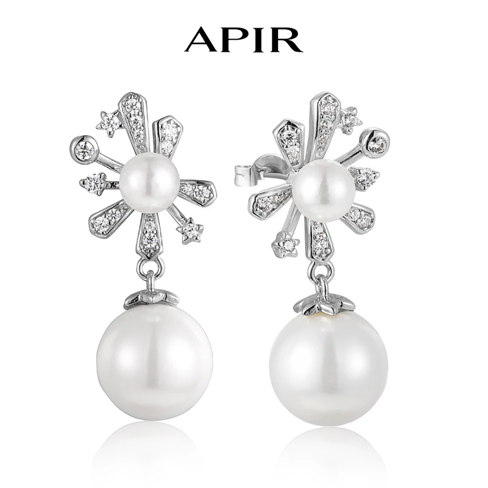 

APIR White Shell Pearl Cubic Zircon Pendant Earrings for Women Silver Color Female Elegant Temperament Jewelry Dangling Earrings