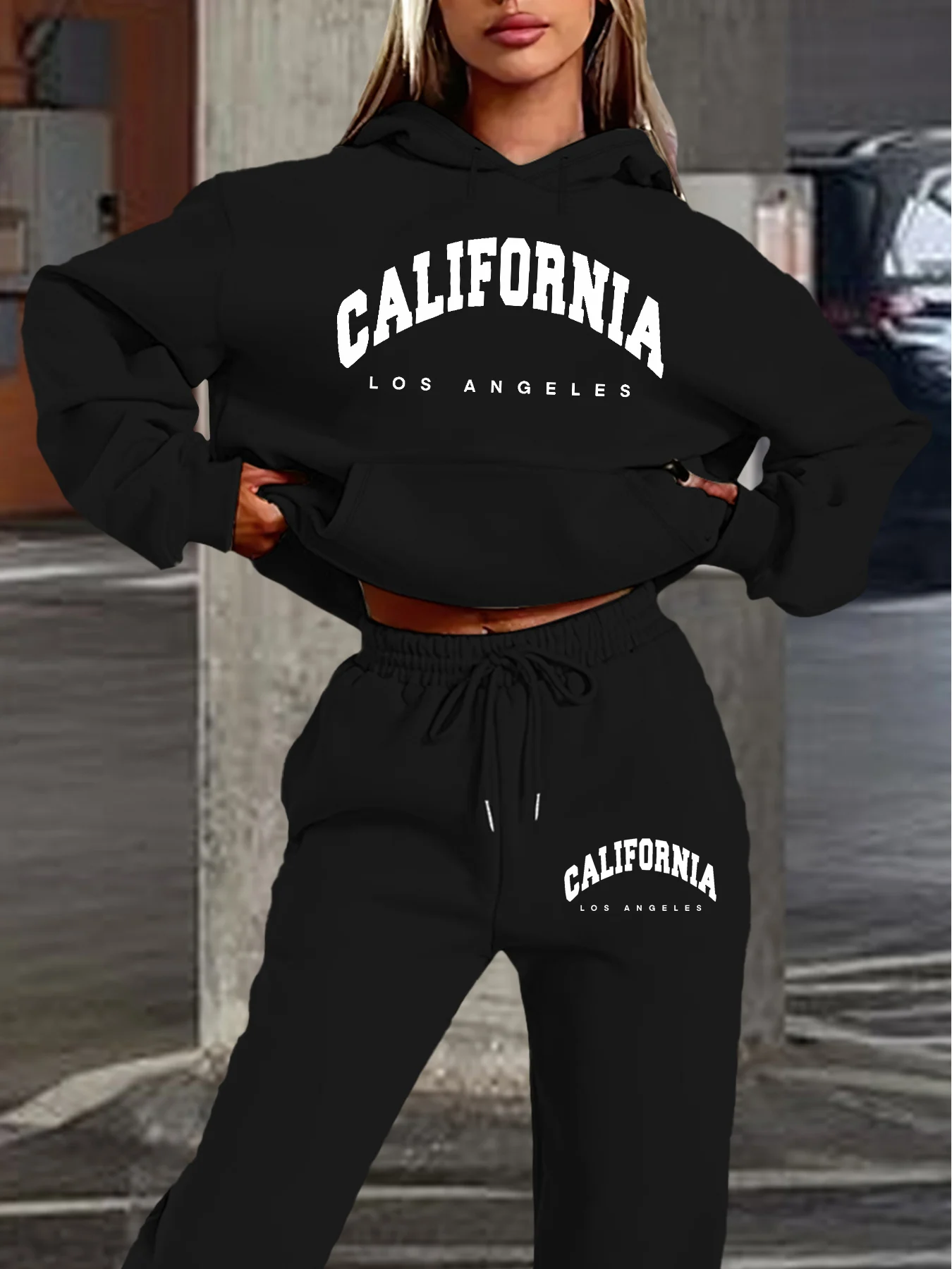 Women's autumn and winter fashion casual hip-hop California Los Angeles letter print warm hooded sweatshirt+sports pants set