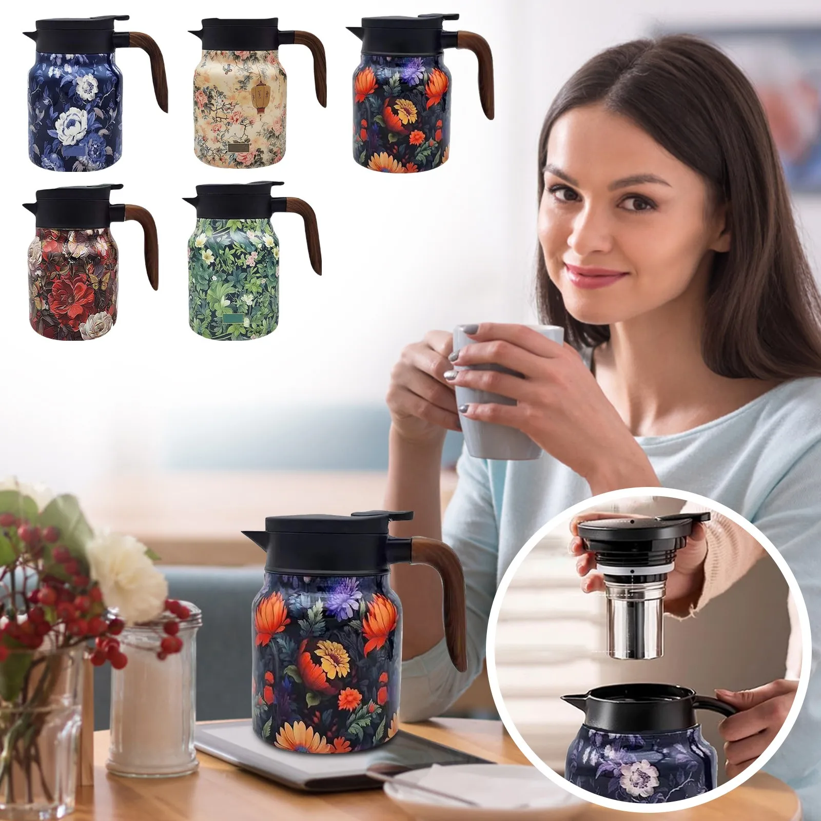

Vintage Floral Pattern Tea Thermos – Built-In Infuser 800/1000ml Floral Tea Kettle Stewed Teapot Tea Separation Water Bottle