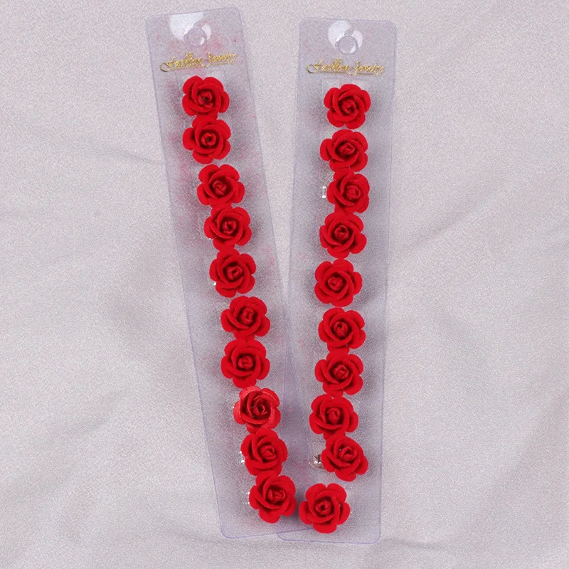 10pcs Red Rose Blossom Small Hair Clip Girl\'s Weaving Style Bean Clip Bridal Wedding Headwear